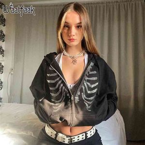 Waatfaak Streetwear Y2K Sweat à capuche Squelette Grunge Goth Black Hippie Zip Up surdimensionné S Automne Hiver Dark 210805