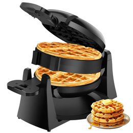 Waffle Maker, Waffle Belge à double couche de 1400 W à double couches avec un retournement de 180 °, 8 pièces, des disques rotatifs et non bâtones, un plateau goutte à goutte détachable pour un nettoyage facile, froid