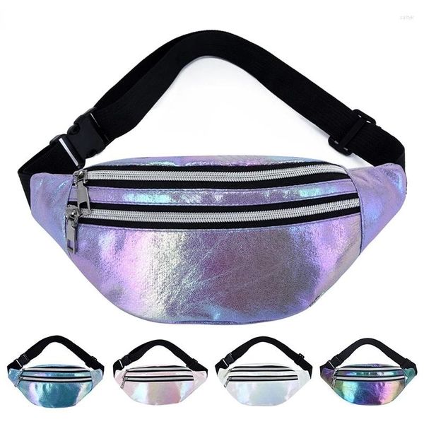 Bolsas de cintura 1 unids Holográfica Fanny Pack Holograma Bolsa Láser PU Playa Viaje Banana Hip Bum Zip Mujeres Cinturón para niñas