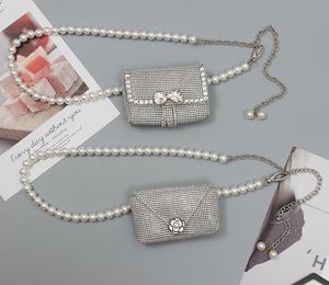 Taillezakken 2023 Bling Women Mini Packs Silver Full Rhinestone PVC Fanny Pearl Chain Belt met muntentaskist