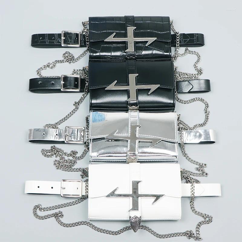 Midjepåsar 2023 Design Kvinnor Mini Packs Silver White Pu Leather Belt med telefonväska handväska Kvinnlig kedja axel