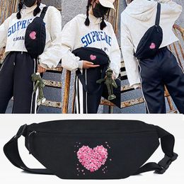 Heuptassen Borsttas Canvas Bloemenliefde Print Roze Crossbody Schoudertas Voor Heren Dames Hiphop Straat Multifunctionele Handtas