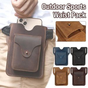 Sacs de taille Crazy Horse Leather Men Vintage Sac Multi-fonction Design Small Messenger Outdoor Sports Mobile Phone Pack