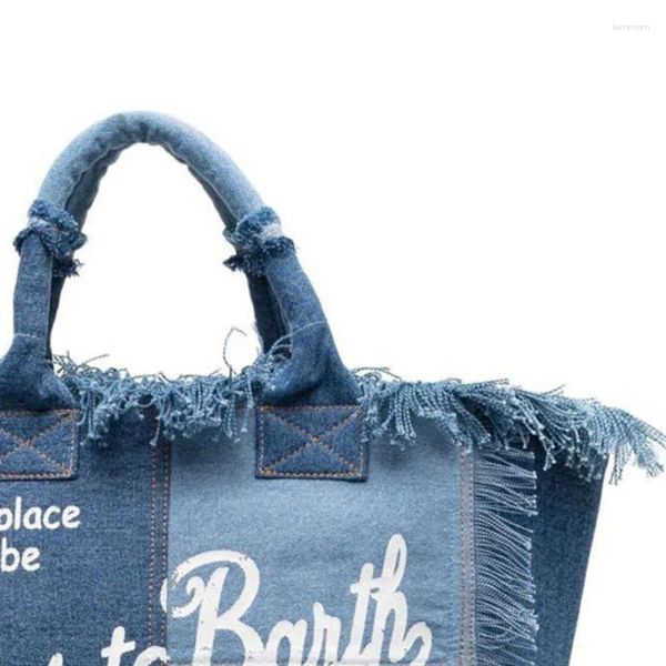 Sacs de taille Europe Amérique Voyage Haute Capacité Sac pour femme Sac à main avec pompon à la main Mode imprimé Denim fourre-tout