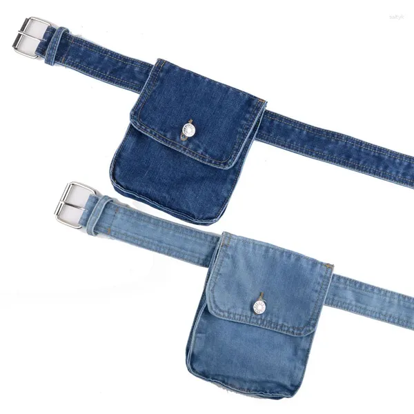 Bolsas de cintura bolso de tela de mezclilla europeo para mujeres moda para niñas casuales de monedas de monedas de monedas de teléfono con cinturón con ruina