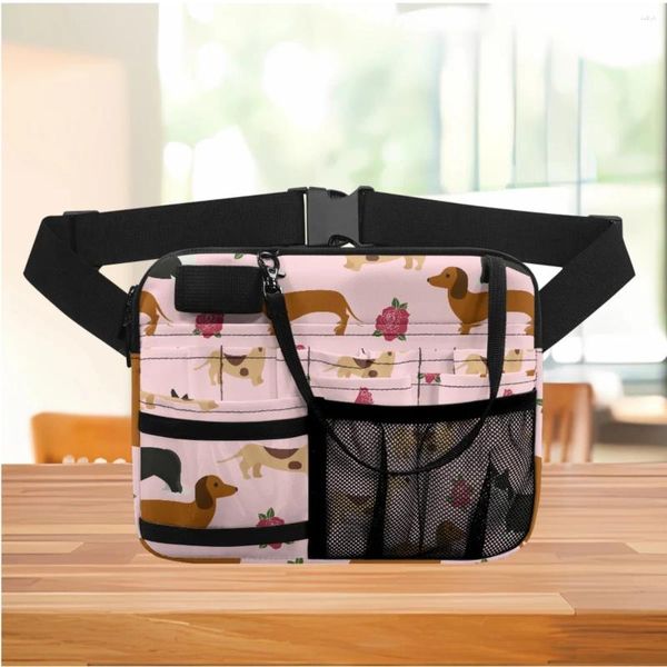 Bolsas de cintura Fanny Pack Lindo Dibujos animados Dachshund Diseñador floral Casual Damas Organizador de enfermería Bolsa Correa ajustable Cadera