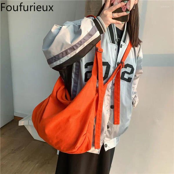 Bolsas de cintura Foufurieux Fashion Women Man Canvas Bag Messenger College Student Schoolbag Gran capacidad Tote Orange Crossbody Casual