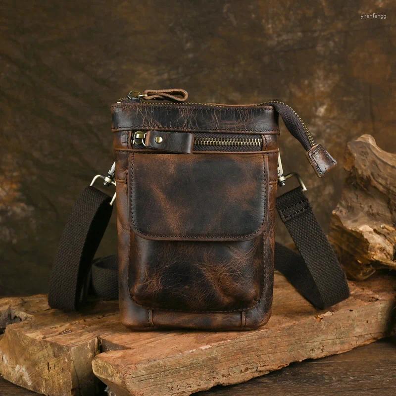 Waist Bags Leather Bag Vintage Men Multi Function Portable Outdoor Casual Split Hook Wear Belt Crossbody High Quality Pouch