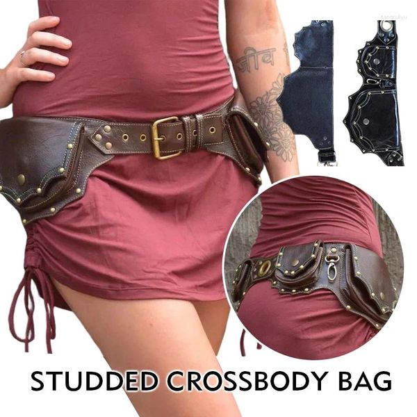 Bolsas de cintura Medieval Steampunk PU Cuero Cinturón de utilidad Mujeres Fanny Pack Remachado Doble Bolsa Bolsillo Protección deportiva al aire libre