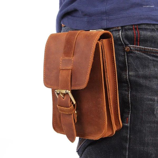 Sacs de taille sac pour hommes First Lose Cowhide Retro Mountaine d'alpinisme Small Leather Mobile Phone Belt for Men Travel Pack