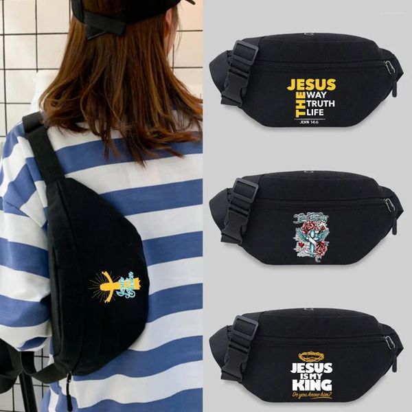 Bolsas de cintura Bolso bolso bolso Cinturón casual Bolsa de lienzo para mujeres Almacenamiento de viajes Teléfono de Jesús impresión Fanny Pack Banana Hip Pockets