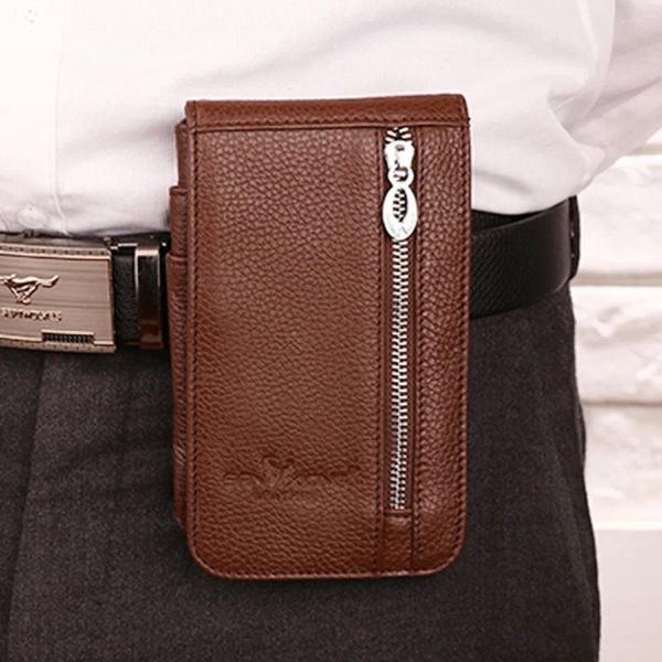 Sacs de taille pour hommes, étui de téléphone portable/mobile, sac banane, porte-monnaie en cuir véritable, porte-carte d'identité, crochet en peau de vache, ceinture de hanche, argent