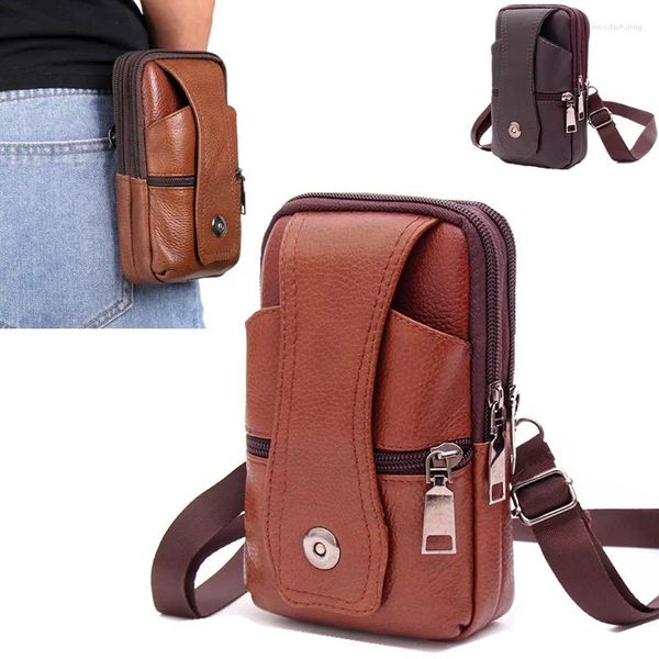 Bolsas de cintura Hombres Bolsa de cuero Cinturón de gran capacidad Cinturón marrón Hombro Crossbody Hebilla multicapa Teléfono móvil Bolsa retro