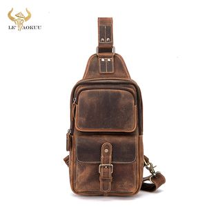 Taillezakken Men Dikke Crazy Horse Leather Vintage Crossbody Chest Sling Design Travel One Shoulder Daypack voor mannelijk 1315 230106