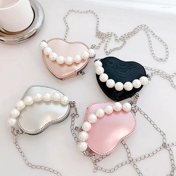 Sacs de taille Mini épaule en forme de coeur pour femmes sac à main en cuir PU avec chaîne de perles d'imitation sac à main femme bandoulière pièce de monnaie