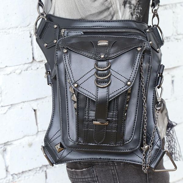 Riñoneras Estilo retro punk Unisex Mujeres Hombres Bolso de hombro Rock Gothic Negro Pierna de cuero Paquetes de metal