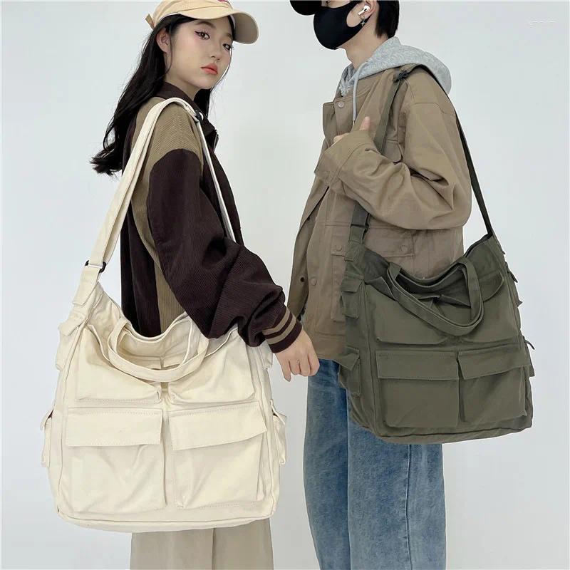 Sacs de taille rétro en toile lavée pour femmes, sac neutre Simple grande capacité, épaule pour hommes coréens Harajuku Portable fourre-tout tendance