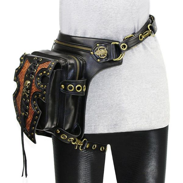 Bolsas de cintura Steampunk PU Hombres Motocicleta Drop Pierna Muslo Holster Bolsa Mujeres Skull Punk Crossbody Cinturón de cadera Paquete de viaje Bolsa