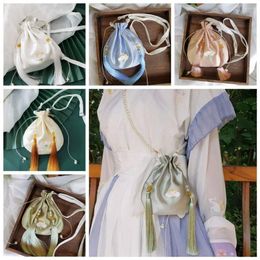Taillezakken Tassel Hanfu Silk Drawring Bag Ethnic Style Schouder Bloem Bucket Accessories Crossbody