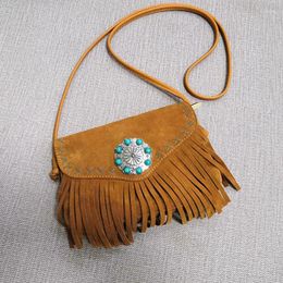 Taillezakken Telynn Boho Hippie Gypsy Fringe Bag voor vrouwen Vintage Suede echte lederen bloem ingelegd met kralen Crossbody Tassel