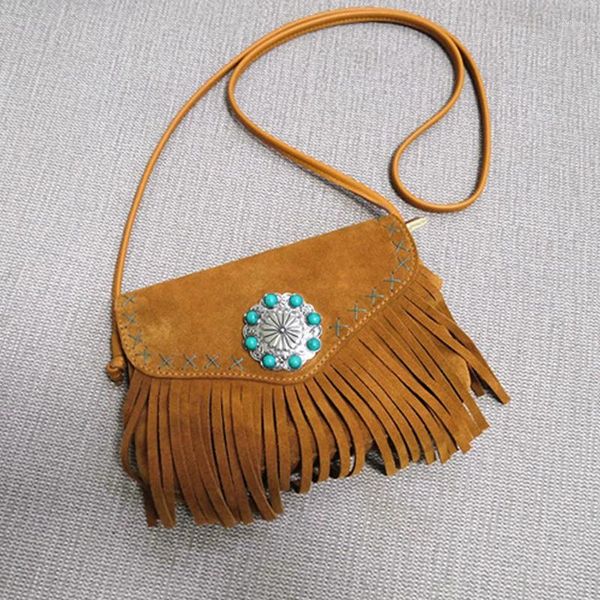 Bolsas de cintura TEELYNN Boho Hippie Gypsy Fringe Bag para mujeres Vintage Gamuza Flor de cuero genuino con incrustaciones con cuentas Crossbody Borla 2024