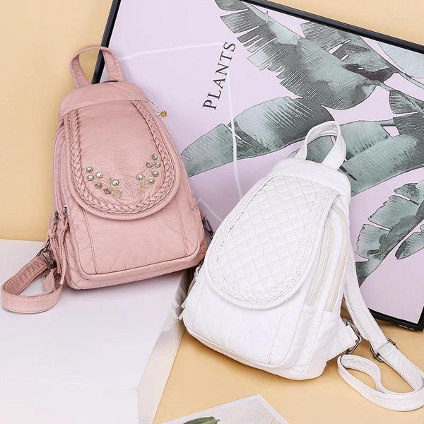 Bolsas de cintura Mochila blanca para mujer Mochilas de cuero suave lavadas para mujer Sac A Dos Escuela para niñas Mochila de viaje Mochilas