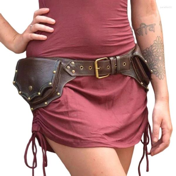 Sacs de taille Sac Femme Sac Médiéval Steampunk Pu Ceinture En Cuir Rétro Viking Cosplay Rivet Double Escalade Sports De Plein Air