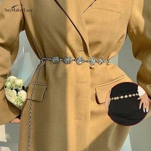 Taille -kettingbanden Nieuwe 1 -stcs Exquise Rose Strap Dames mode metaal dunne glanzende bloem jeans jurk decoratief Q240511
