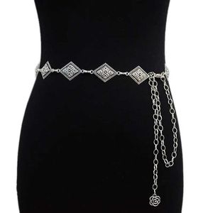 Ceintures de chaîne de taille Nouvelle sangle de chaîne sculptée en diamant rétro pour femmes à la mode en argent mince jean robe 2023 Q240511