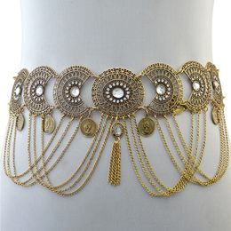 Cinturones de cadena de cintura Sexy Hollow Out Cadenas de cintura Crystal Indian Yoga Belly Belt Chains Gypsy Mujeres Retro Tassel Coins Colgante Cinturón de cintura 230701