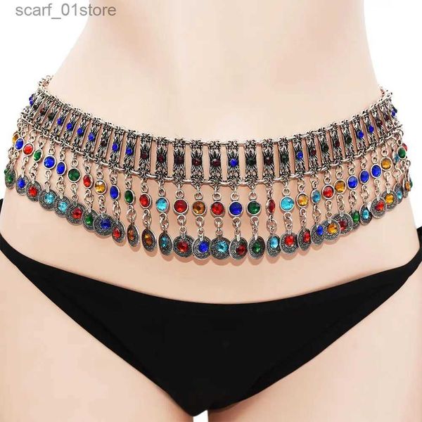 Ceintures de chaîne de taille Turc Coin long Chaînes de ventre à glands pour femmes coloré Crystal Taie Belt India Gypsy Déclaration de plage