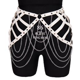 Taille -kettingganden Witte rok Leather Harness Chain Metal Taille Belt Punk Goth sexy lingerie jurk holle out Suspender body Harajuku dance rave 230419