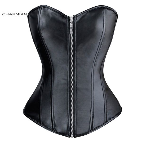 Taille Ventre Shaper Charmian PU Cuir Corset Fermeture Éclair Avant Femmes Steampunk Sexy Plus La Taille Sans Bretelles Overbust Corset Top Noir Gothique Corselet 230818