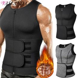 Cintura Tummy Shaper Hombres Body Shaper Entrenador de cintura Traje de sauna de neopreno Chaleco de sudor Camisa de pérdida de peso Entrenamiento de grasa Camisetas sin mangas con doble cremallera 230818