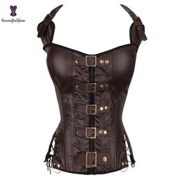 Taille buik shaper punk stijl halterneck baske corselet dames body veter boned corset zwart bruin 901# 220921