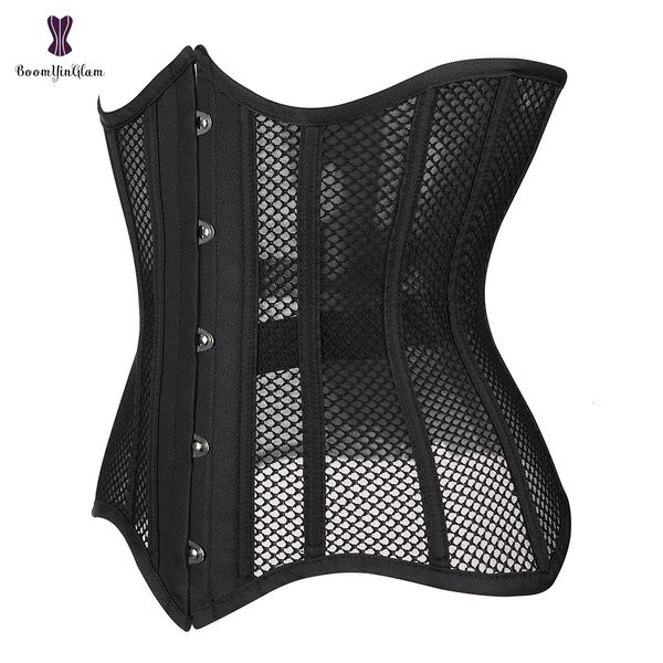 Taille ventre Shaper femmes noir maille sous le buste Corset acier os mince corps ceintures Streetwear voir à travers Corselet 230818