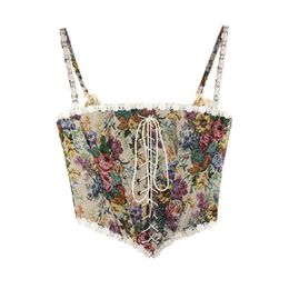 Taille Tummy Shaper Women Print Halter Tops Chic Bandage Retro Floral Corset Shirts Elegant Designer French Vintage Sexy Style Party Club Ladies Top 2308017