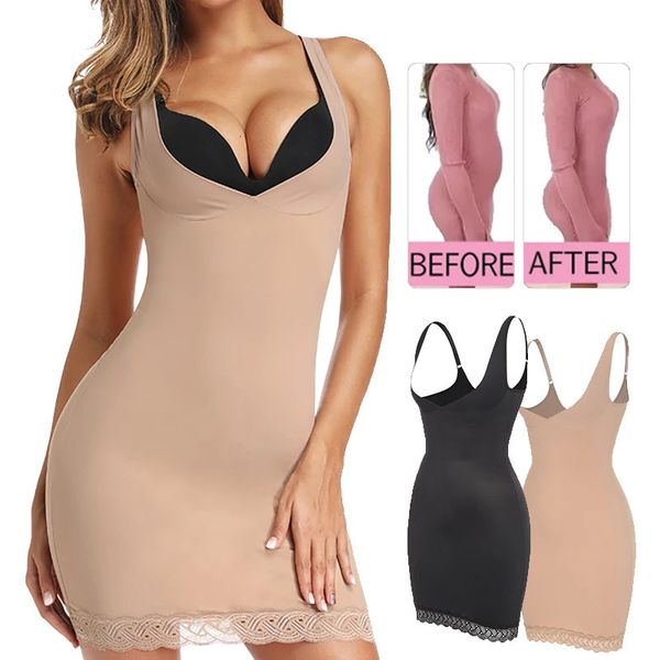 Tummón de cintura Shaper para mujer Vestido de tiburones de folleto completo Lingería con encaje Control firme Busto abierto Cantalleros Codos Vestidos de carrocería 231101