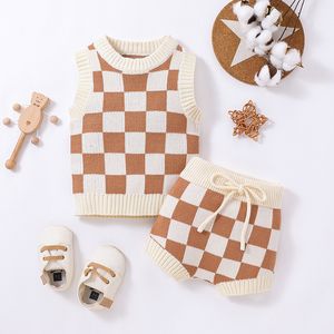 Gilet 0-3 ans bébé deux pièces vêtements tenue rond cou rond sans manche en damier imprimé sweater gilet raccourci 230329