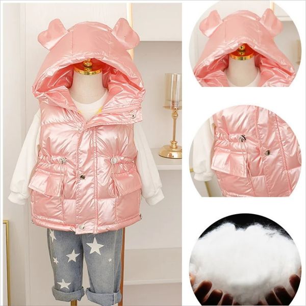 Gilet 2-8 ans enfant en bas âge filles vêtements d'hiver automne Style coréen sans nettoyage à capuche longue Parka taille manteau pour enfants gilet bouffant 231013