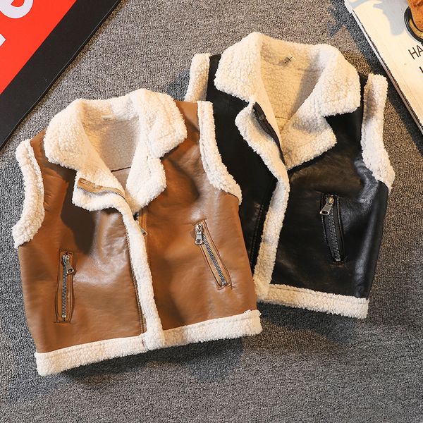 Gilet bébé enfants laine d'agneau en cuir gilet hiver épais chaud sans manches garçons filles PU gilet 2-10 ans vêtements d'extérieur pour enfants manteau 230329