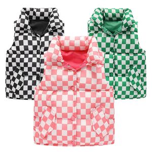 Gilet enfants automne chaud filles mode damier rembourré veste garçons décontracté col montant vers le bas coton gilet 2Y10Y 230327