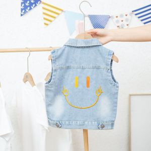 Waistcoat Fall Kids Outerwear Toddler Girl Vest Cartoon Embroidery Denim With Buttons Pocket Turndown Collar Baby Boys 230311