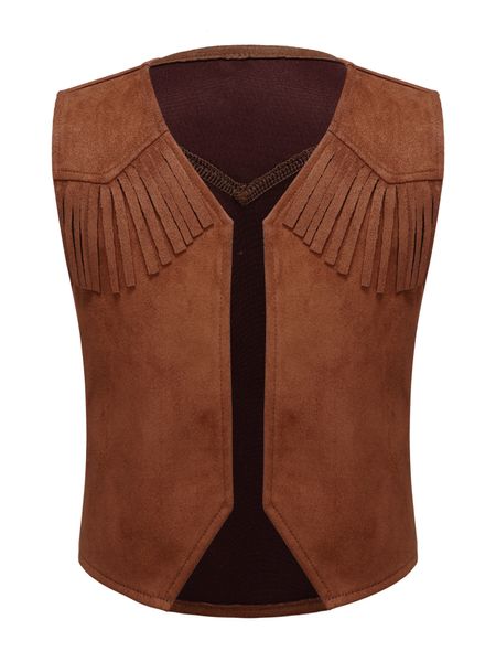 Gilet Mode Enfants Garçons Western Cowboy Habiller Gilet Ourlet Pointu Frange Décor Ouvert Devant Couleur Unie pour Cosplay Fête d'Halloween 230311