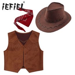 Waistcoat Kids Boys Western Cowboy Costume Vest met Bandanna en voelde trekkoordhoed voor Halloween Carnival Cosplay -thema -jurk 230817