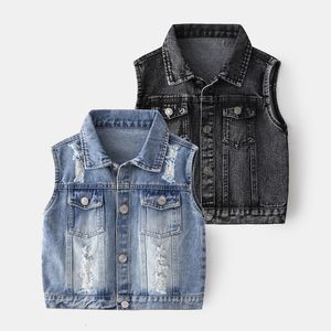 Gilet Coréen Enfants Vêtements Bébé Garçons Manteau Mode Denim Gilet Printemps Enfants Couleur Pure Coton Sans Manches Veste Avec Bouton 230311