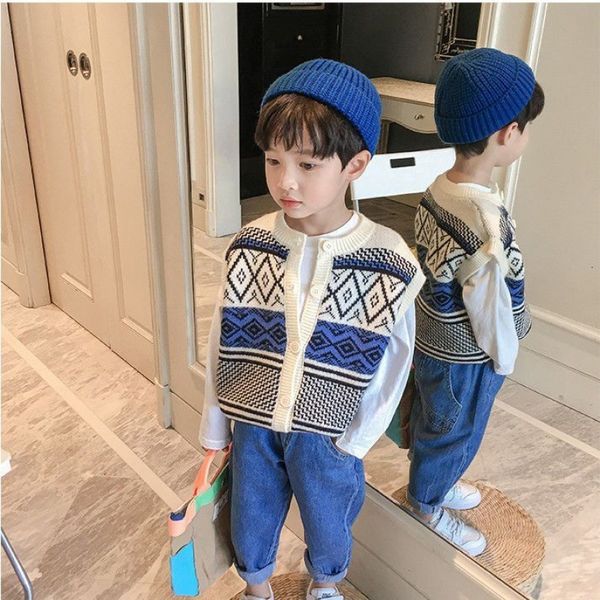 Gilet printemps et automne coréen pour garçons, Cardigan tricoté, pull décontracté à carreaux pour enfants, haute qualité 230222