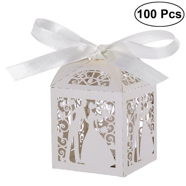 WAISTOATS 100pcs couple Design Lase Cut Wedding Sweets Sweets Candy Cadeau Favoris Boîtes avec des décorations de table de ruban A20