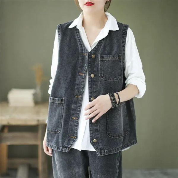 Gilets Denim gilets femmes coréen rétro solide Harajuku décontracté mode Allmatch Simple Streetwear poches nouveau Design confortable gilet Femme