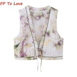 Gilets Français Vintage Floral TieDye coton gilet col en V ample décontracté PBZA femme court Cardigan gilet veste Chic hauts 8054464